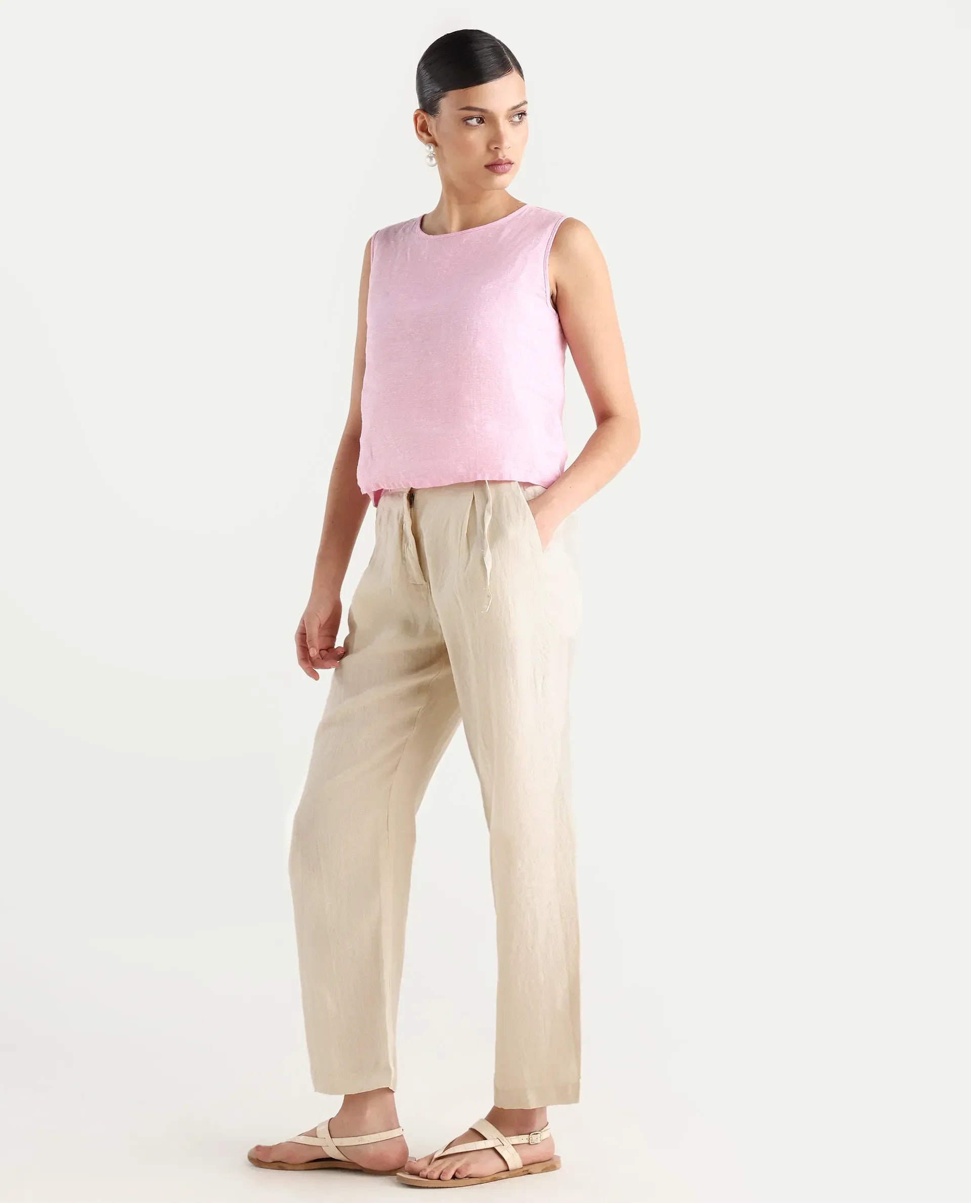 Rareism Women's Ronbla B Beige Linen Plain Ankle Length Straight Fit Trouser