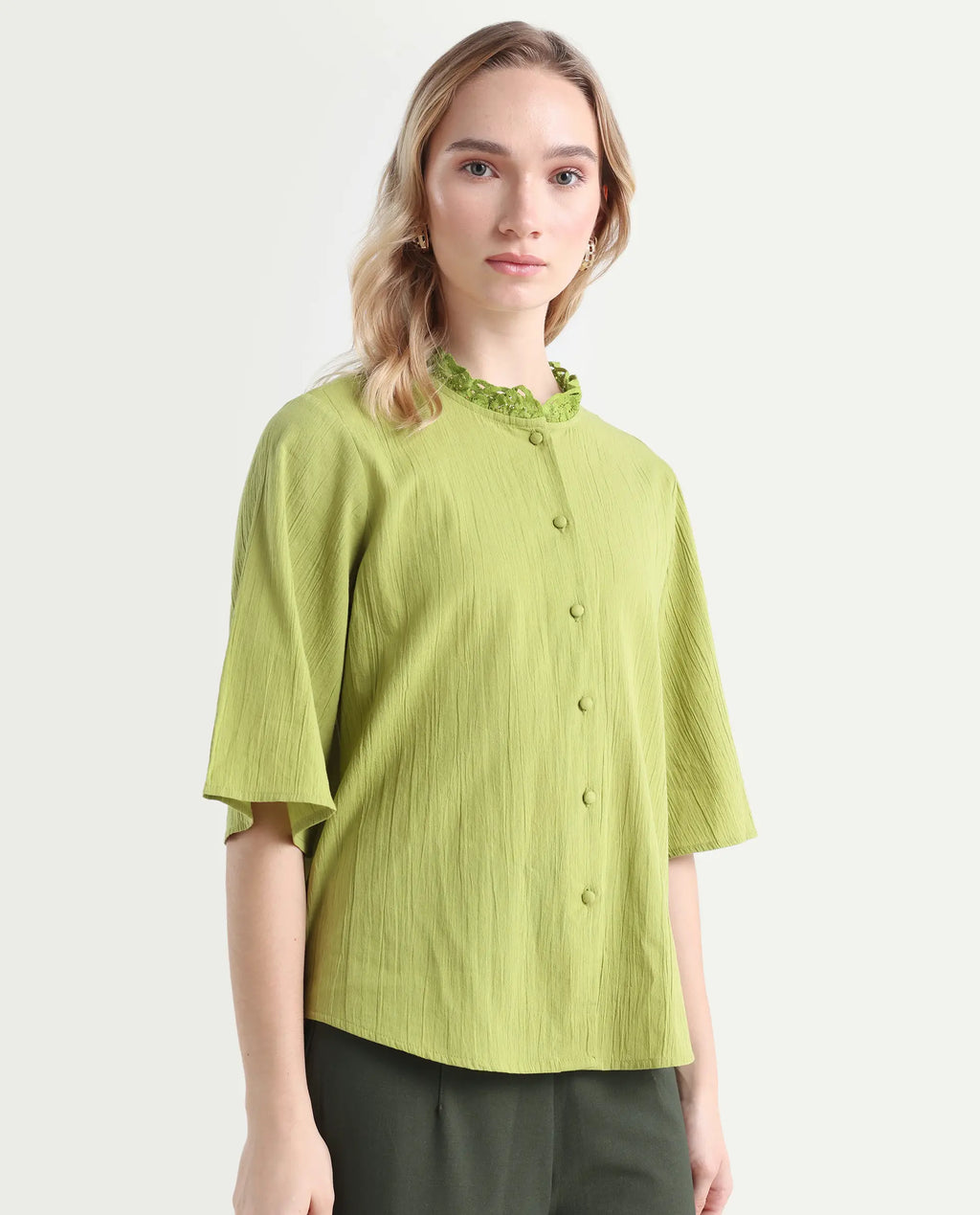 Rareism Women's Ronelpa Light Olive Cotton Round Neck Plain Bell Sleeve Regular Fit Top