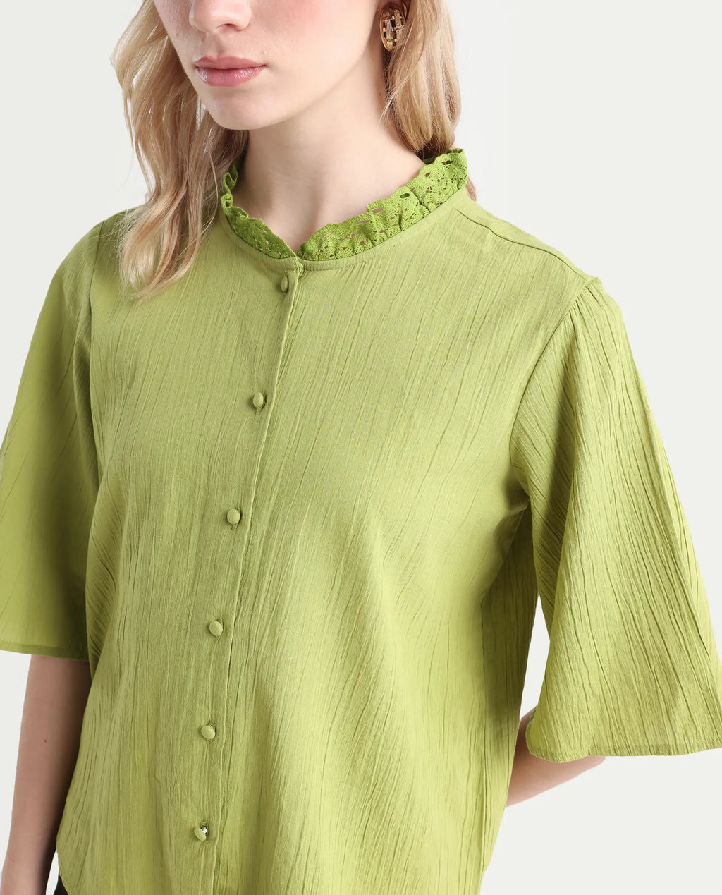 Rareism Women's Ronelpa Light Olive Cotton Round Neck Plain Bell Sleeve Regular Fit Top