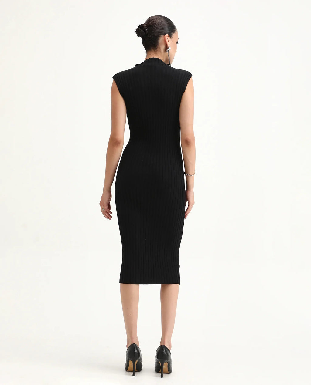 Rareism Women's Ronfa Black Viscose Blend High Neck Plain Sleeveless Midi Bodycon Dress