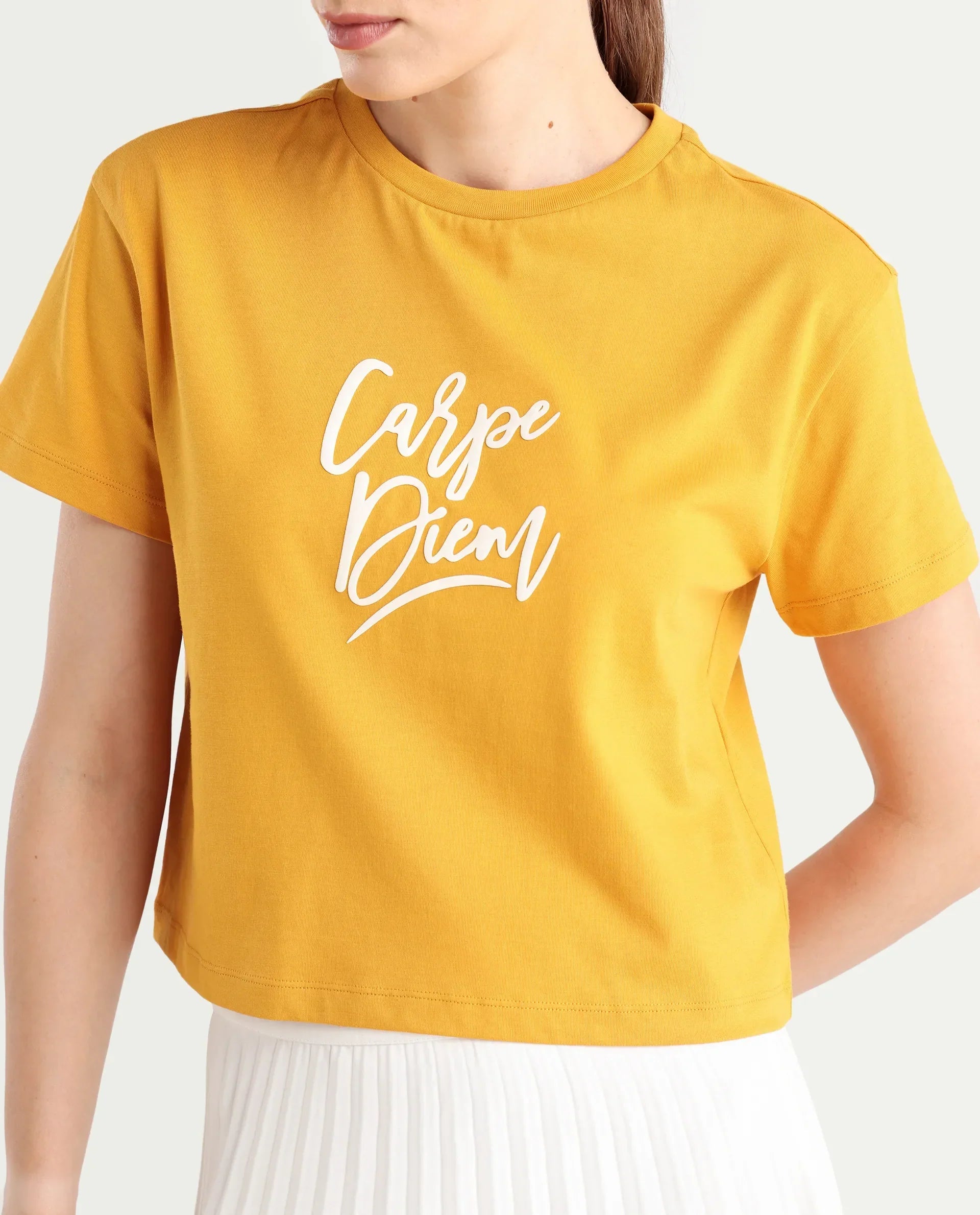 Rareism Women's Ronfel-R Mustard Cotton Regular Typography Print T-Shirt