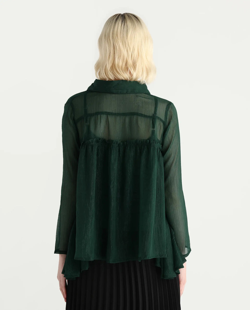 Rareism Women's Ronie Dark Green Polyester V-Neck Plain Puff Sleeves Regular Fit Top