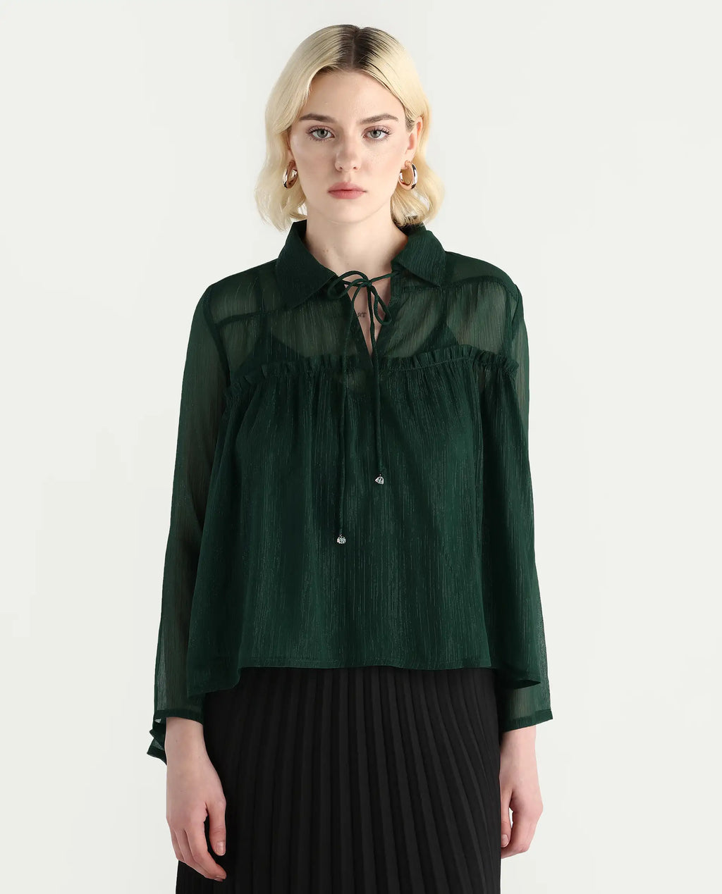 Rareism Women's Ronie Dark Green Polyester V-Neck Plain Puff Sleeves Regular Fit Top