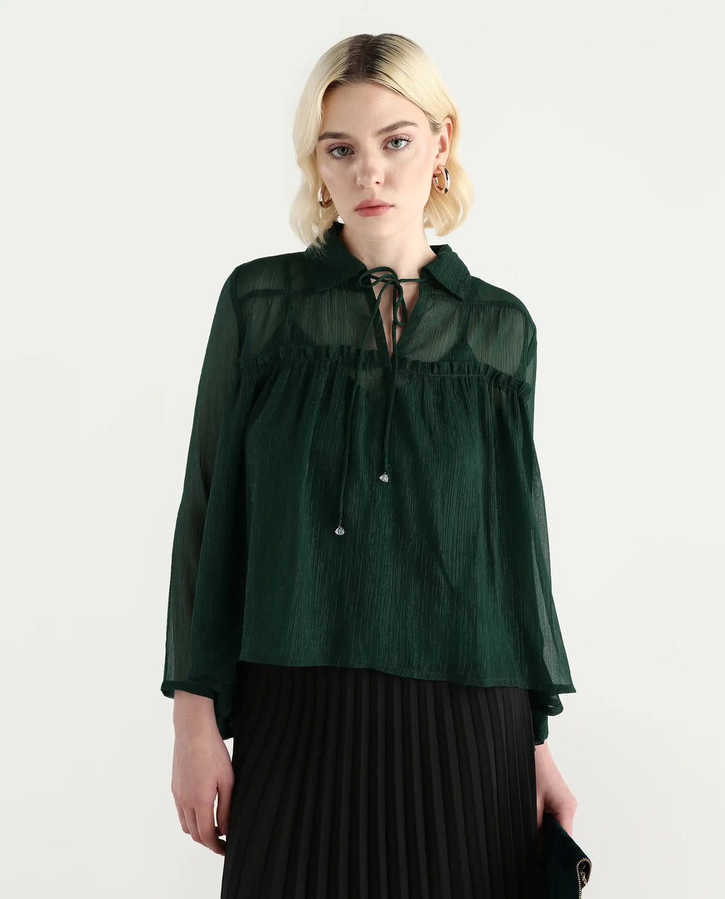 Rareism Women's Ronie Dark Green Polyester V-Neck Plain Puff Sleeves Regular Fit Top