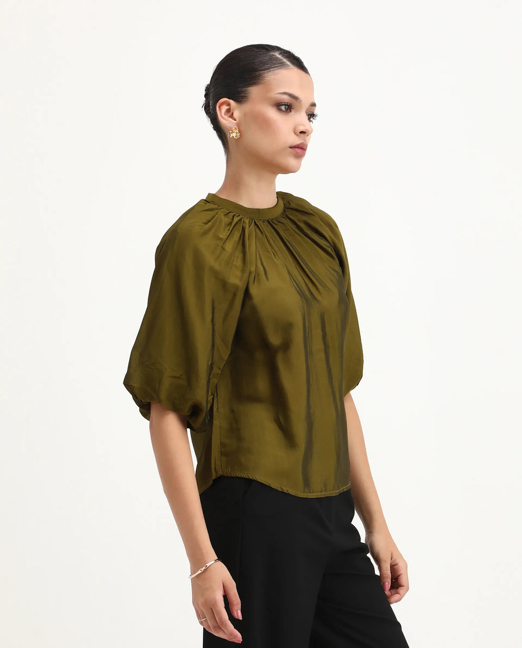 Rareism Women's Roniu Brown Polyester V-Neck Plain Kimono Sleeve Crop Regular Fit Top