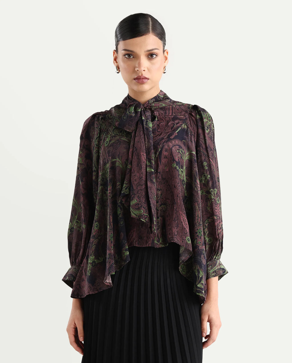 Rareism Women's Ronix Multi Viscose Tie-Up Neck Paisley Print Bishop Sleeve Relaxed Fit Top