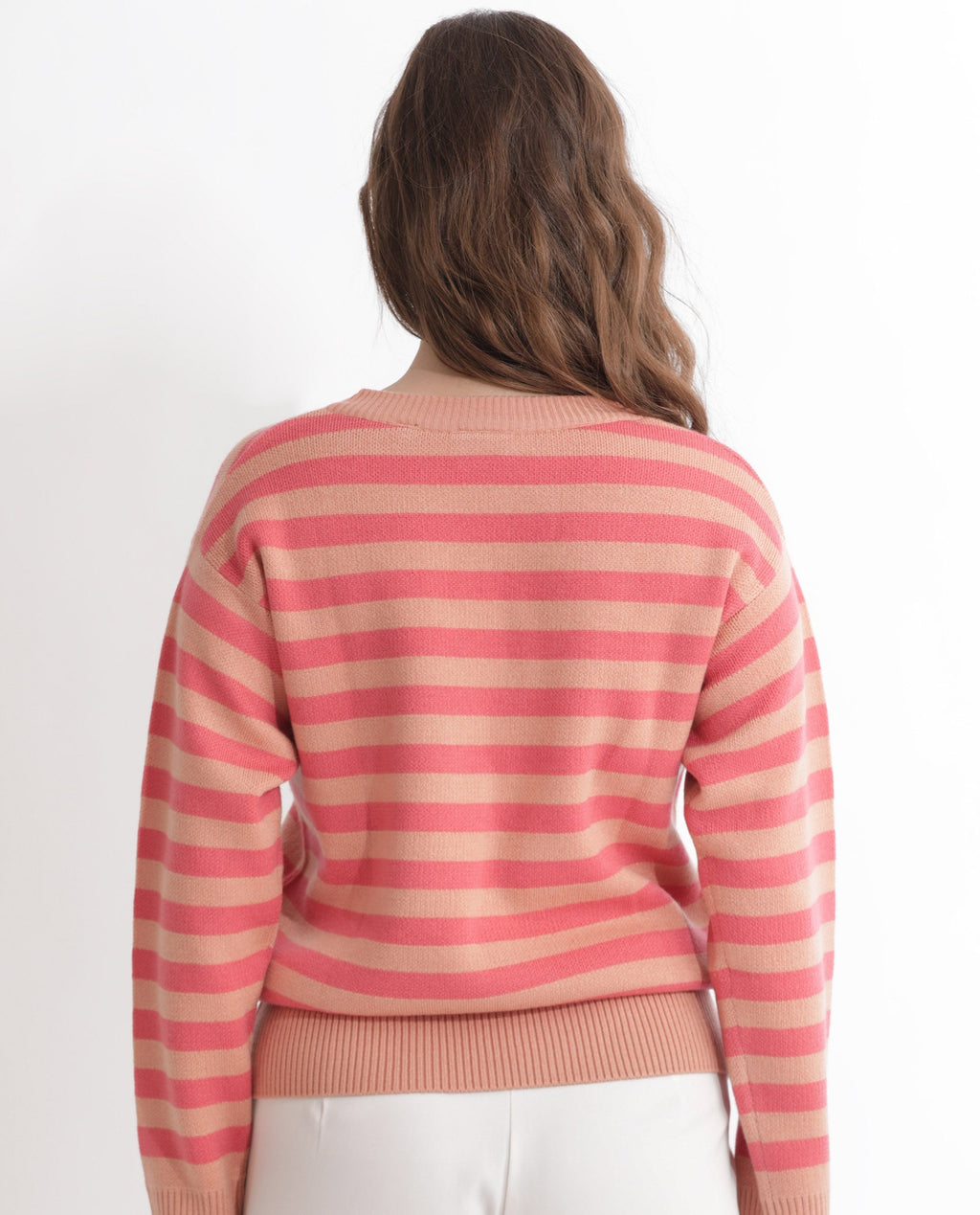 Rareism Women's Ronnie Dark Pink Acrylic V-Neck Striped Relaxed Fit Sweater