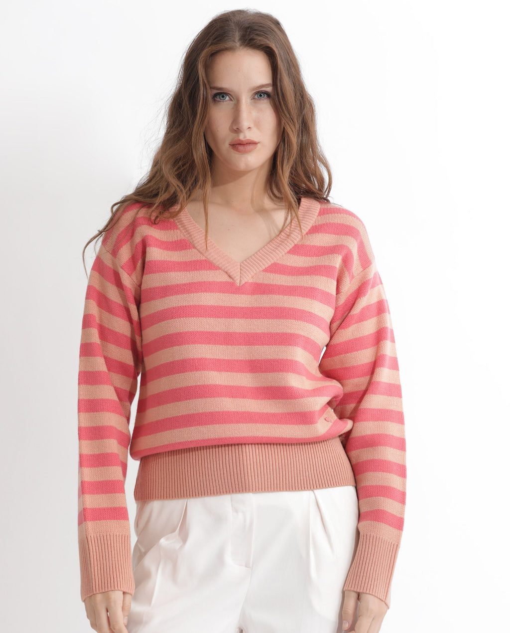 Rareism Women's Ronnie Dark Pink Acrylic V-Neck Striped Relaxed Fit Sweater
