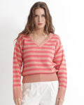Rareism Women's Ronnie Dark Pink Acrylic V-Neck Striped Relaxed Fit Sweater