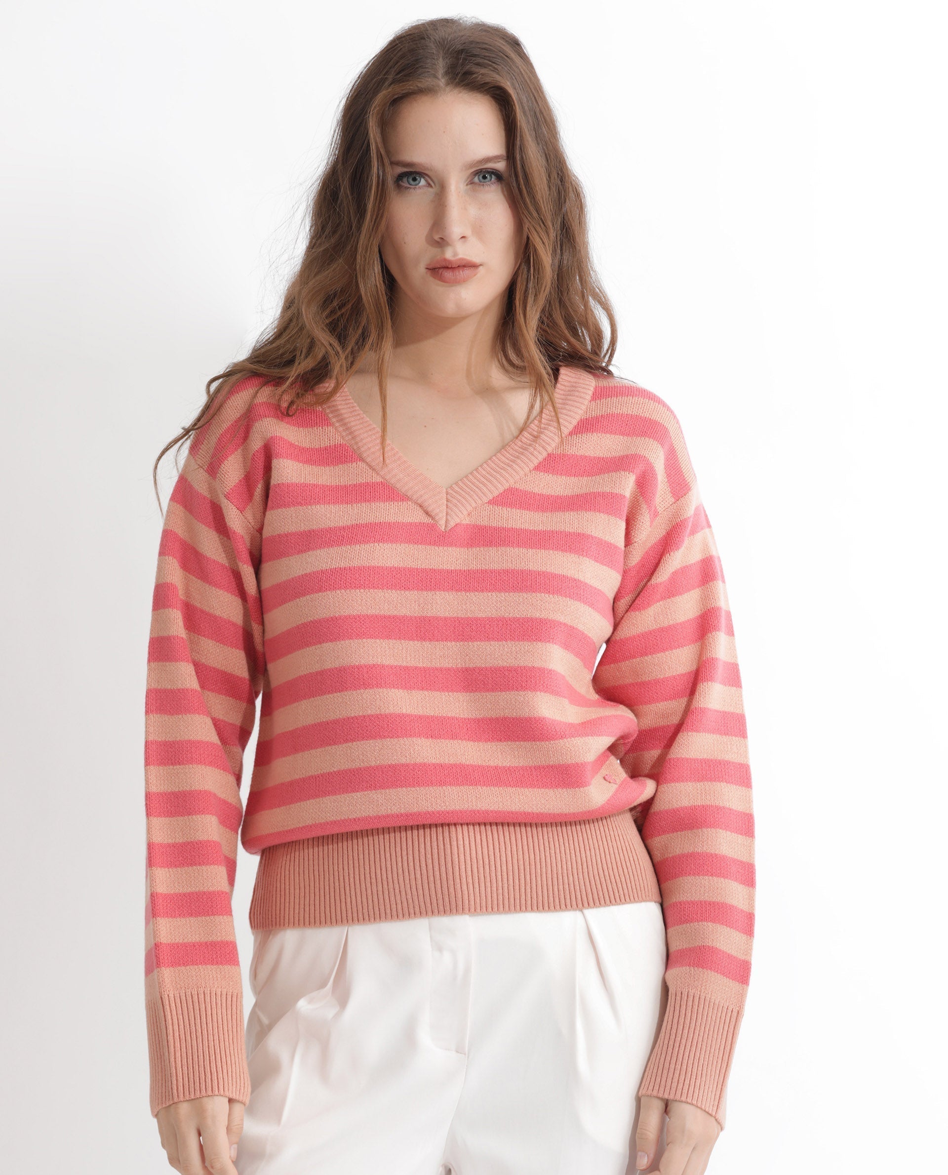 Rareism Women's Ronnie Dark Pink Acrylic V-Neck Striped Relaxed Fit Sweater
