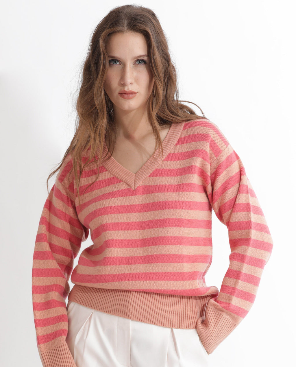 Rareism Women's Ronnie Dark Pink Acrylic V-Neck Striped Relaxed Fit Sweater