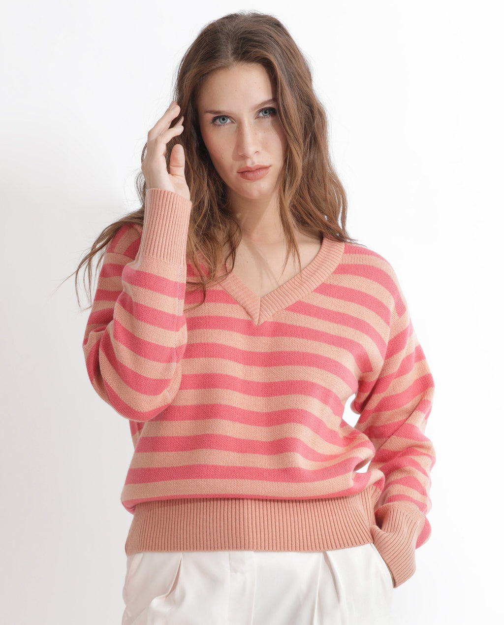 Rareism Women's Ronnie Dark Pink Acrylic V-Neck Striped Relaxed Fit Sweater