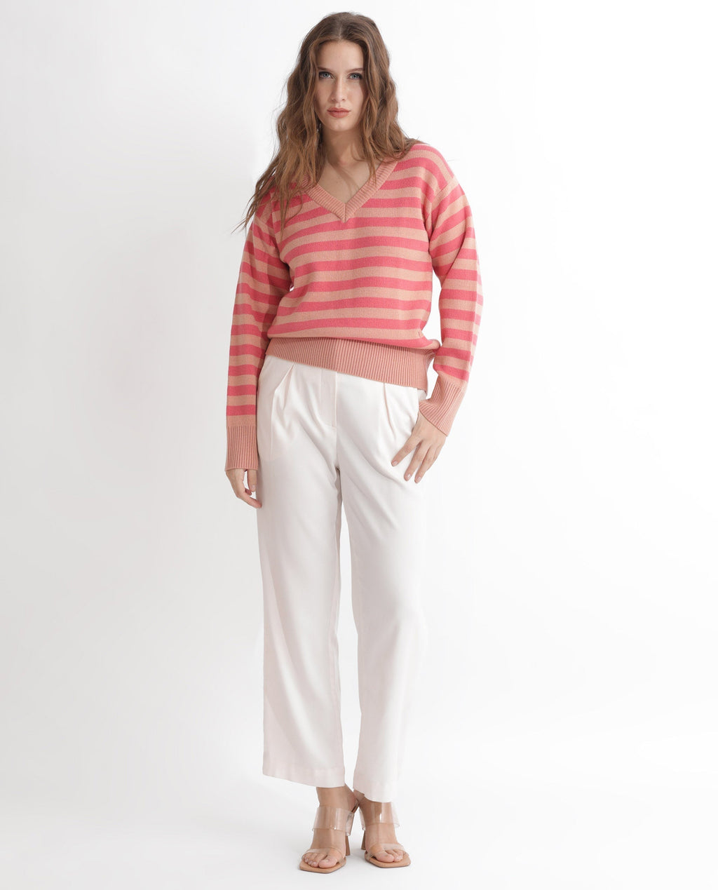 Rareism Women's Ronnie Dark Pink Acrylic V-Neck Striped Relaxed Fit Sweater
