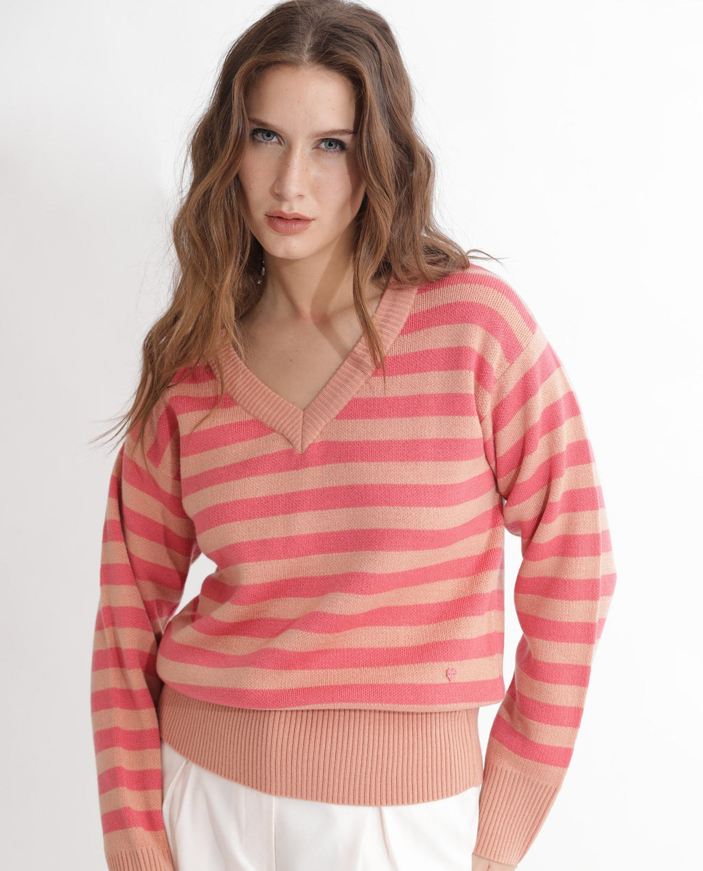 Rareism Women's Ronnie Dark Pink Acrylic V-Neck Striped Relaxed Fit Sweater
