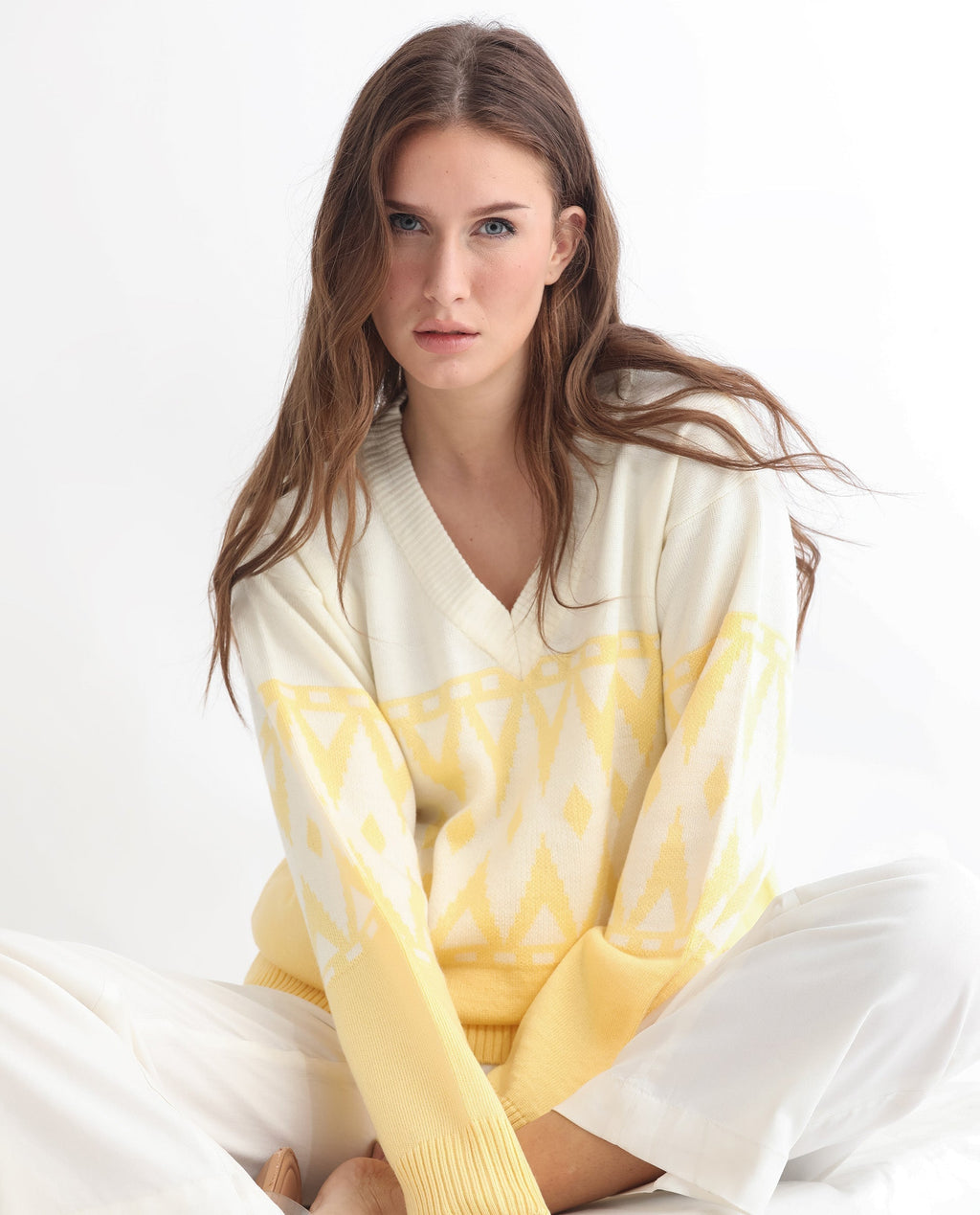 Rareism Women's Ronnie Yellow Acrylic V-Neck Color Block Relaxed Fit Sweater