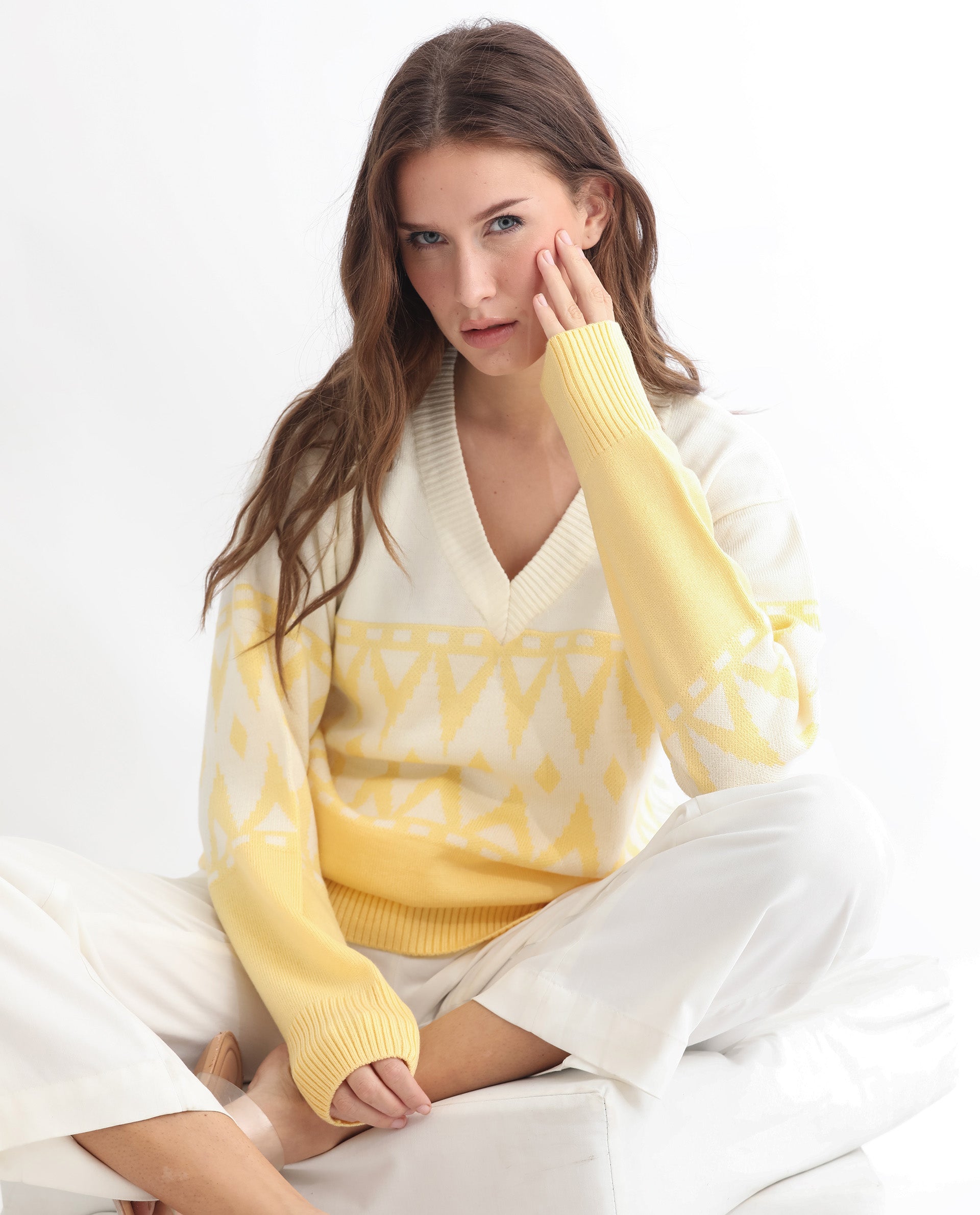 Rareism Women's Ronnie Yellow Acrylic V-Neck Color Block Relaxed Fit Sweater