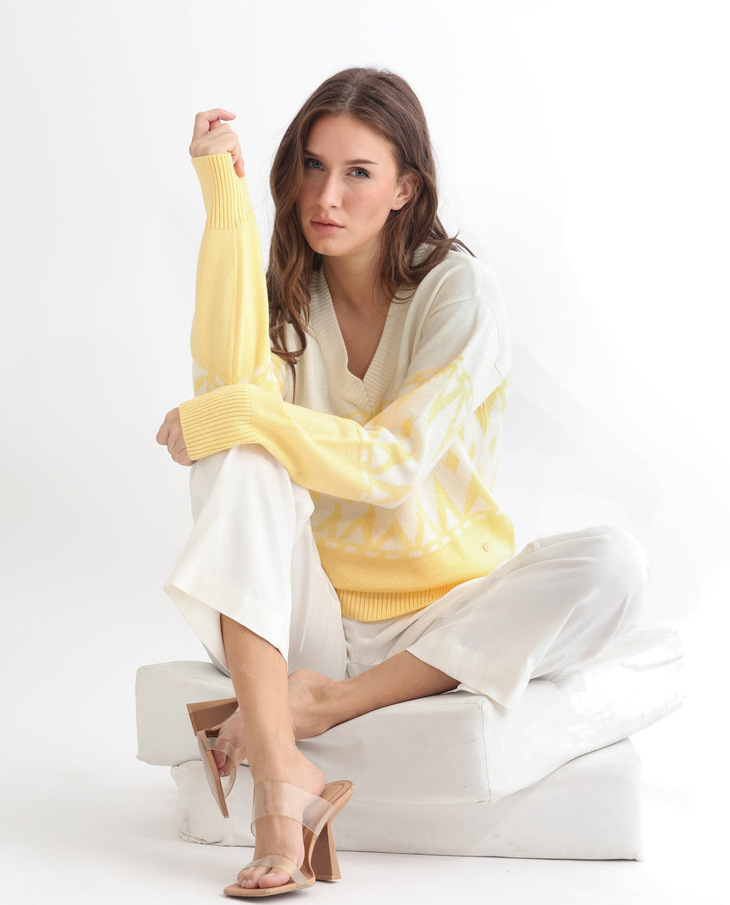 Rareism Women's Ronnie Yellow Acrylic V-Neck Color Block Relaxed Fit Sweater
