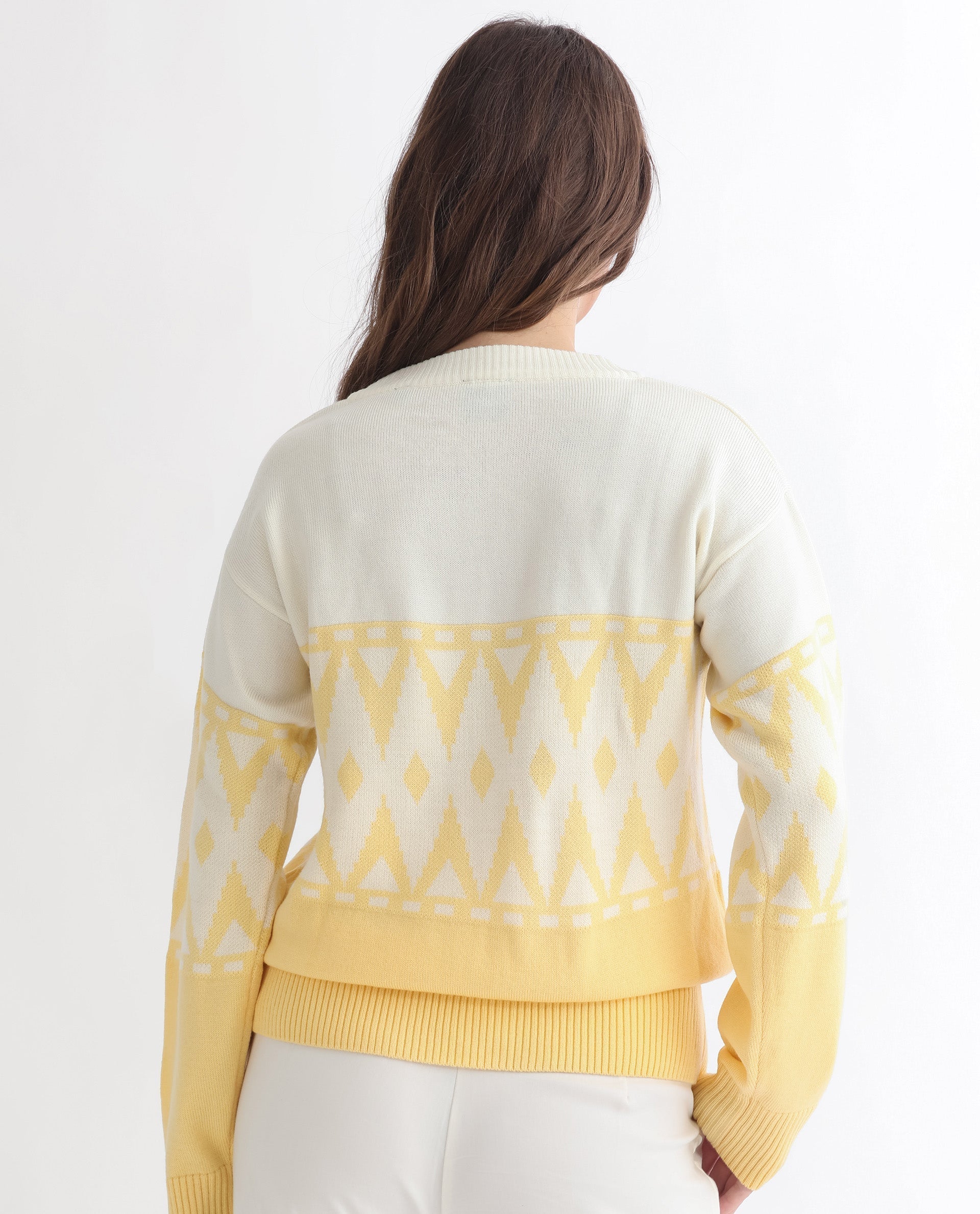 Rareism Women's Ronnie Yellow Acrylic V-Neck Color Block Relaxed Fit Sweater