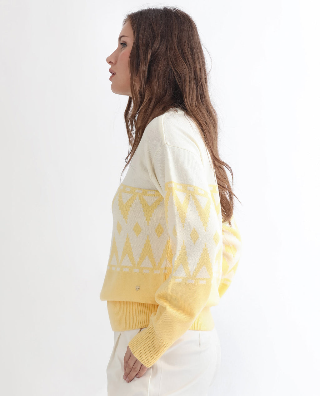 Rareism Women's Ronnie Yellow Acrylic V-Neck Color Block Relaxed Fit Sweater