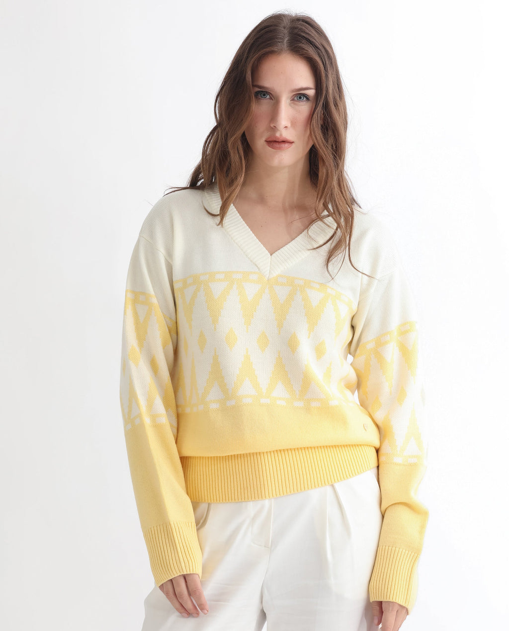 Rareism Women's Ronnie Yellow Acrylic V-Neck Color Block Relaxed Fit Sweater