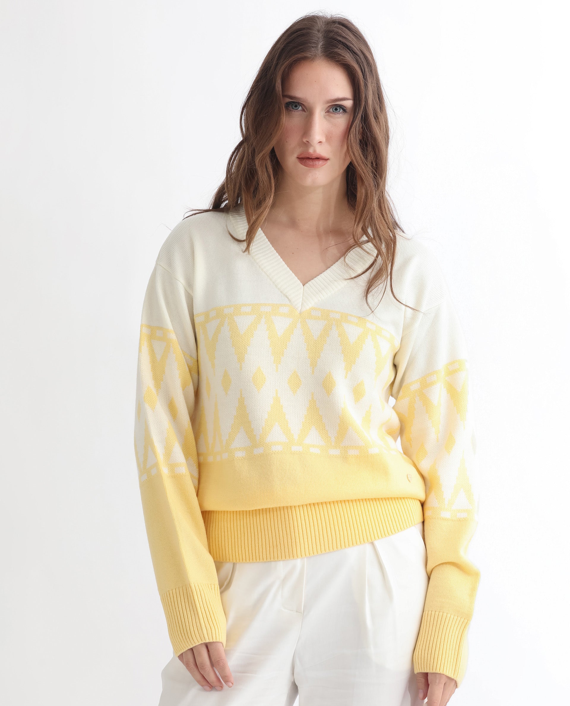 Rareism Women's Ronnie Yellow Acrylic V-Neck Color Block Relaxed Fit Sweater
