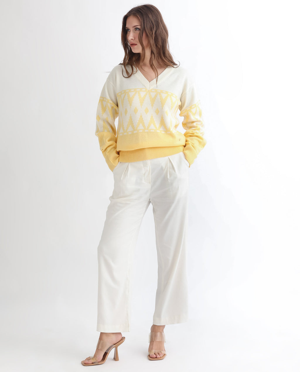 Rareism Women's Ronnie Yellow Acrylic V-Neck Color Block Relaxed Fit Sweater