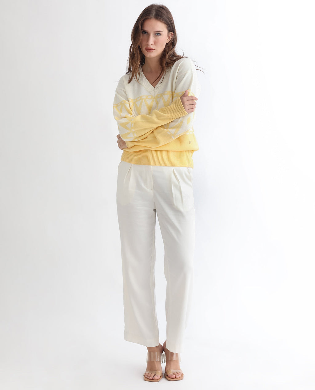 Rareism Women's Ronnie Yellow Acrylic V-Neck Color Block Relaxed Fit Sweater
