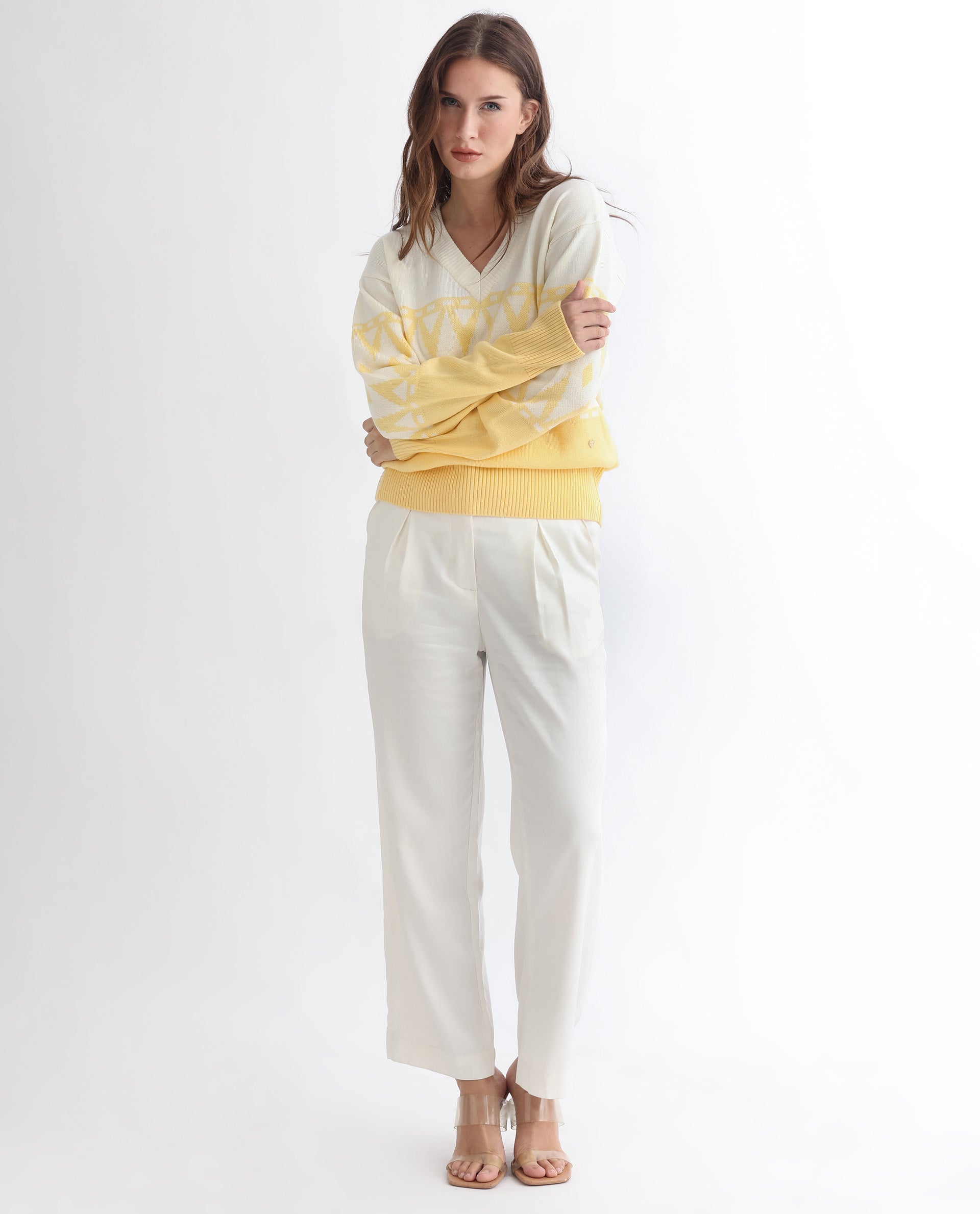 Rareism Women's Ronnie Yellow Acrylic V-Neck Color Block Relaxed Fit Sweater