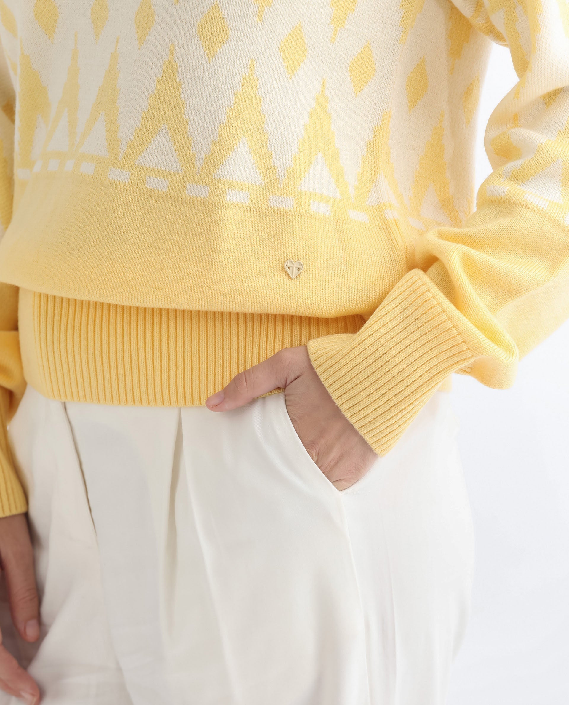 Rareism Women's Ronnie Yellow Acrylic V-Neck Color Block Relaxed Fit Sweater