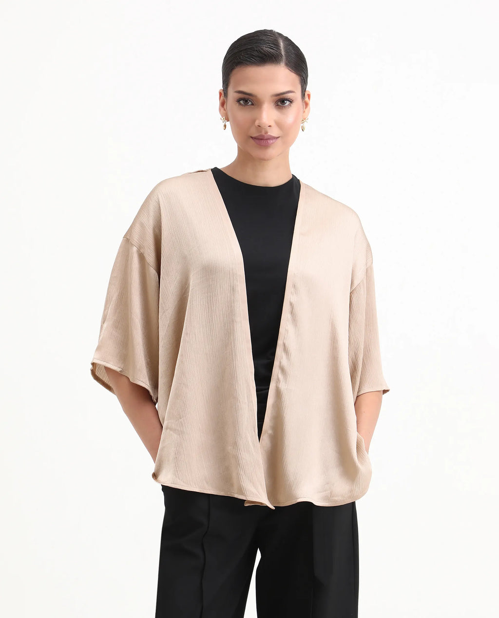 Rareism Women's Ronokya Beige Polyester Collarless Plain Kimono Sleeve Relaxed Fit Shrug