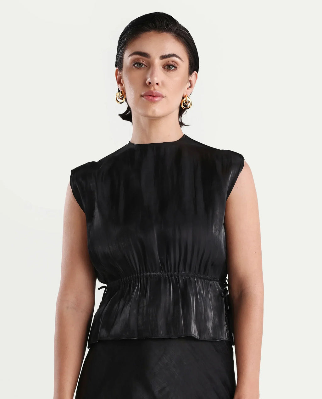 Rareism Women's Ronru Black Polyester Crew Neck Plain Sleeveless Regular Fit Top