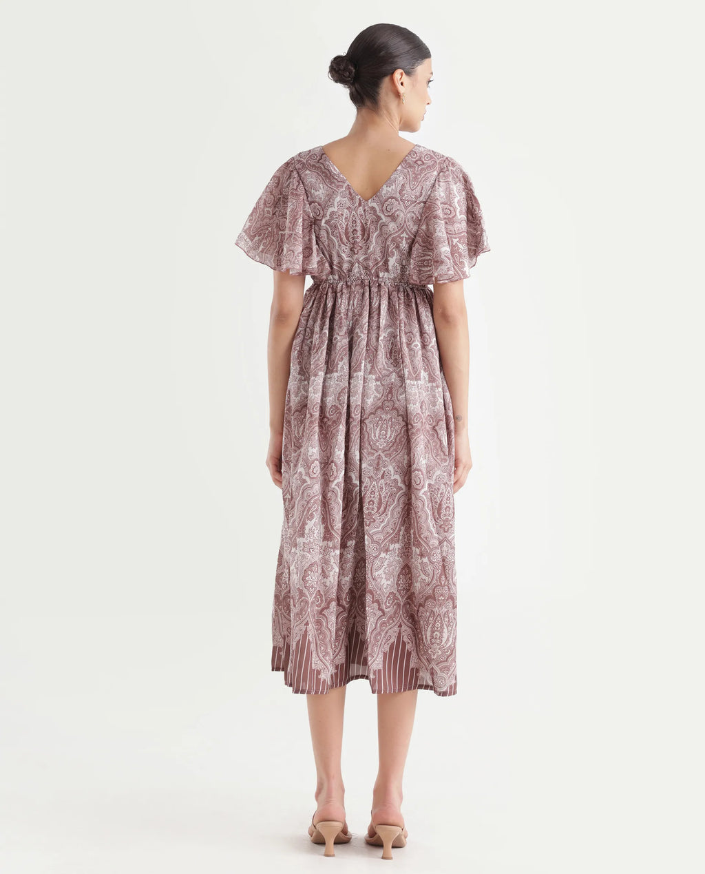 Rareism Women's Ronruf Light Brown Polyester V-Neck Ornamental Print Ruffled Sleeve Midi A-Line Dress