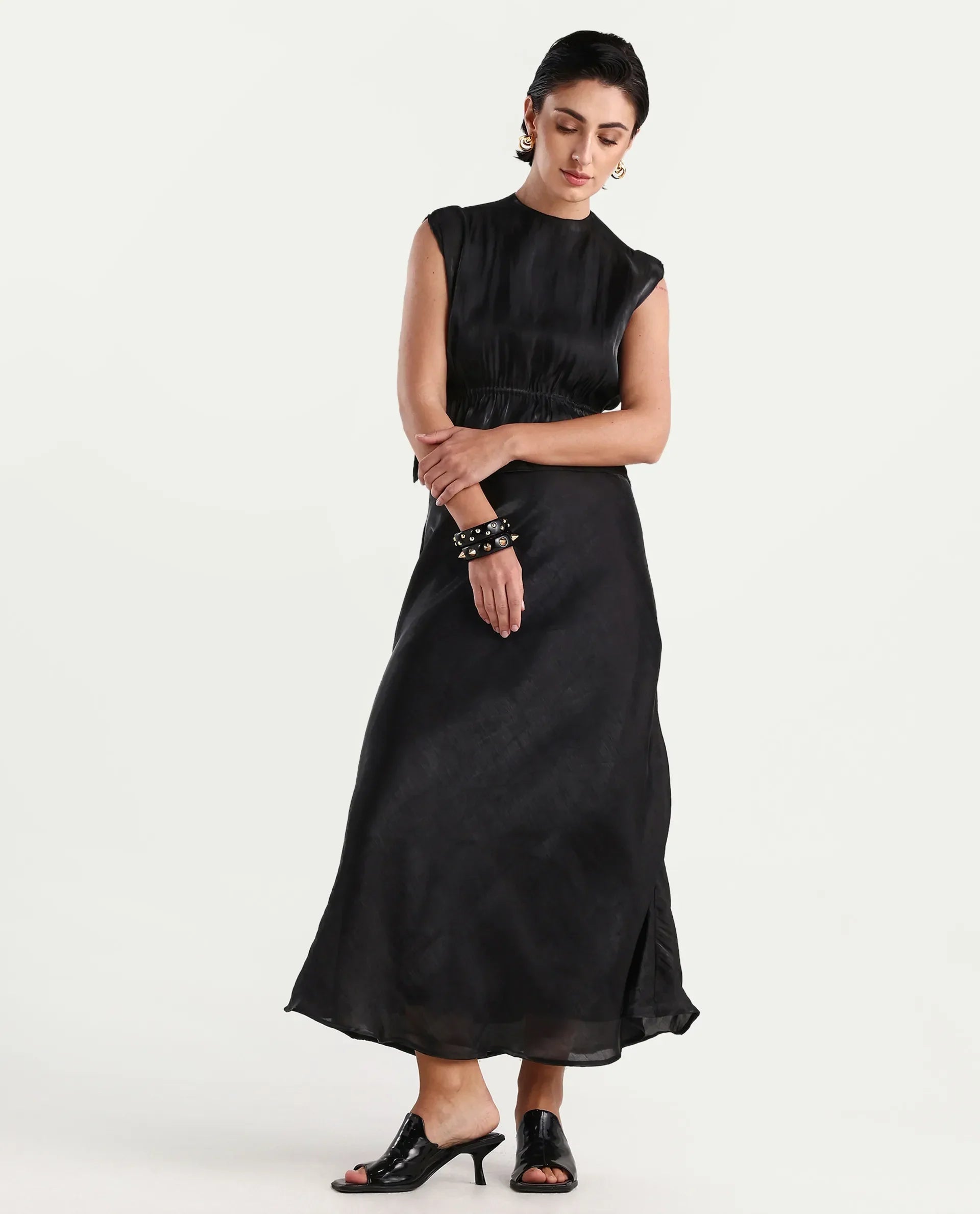 Rareism Women's Ronski Black Polyester Plain Maxi A-Line Skirt