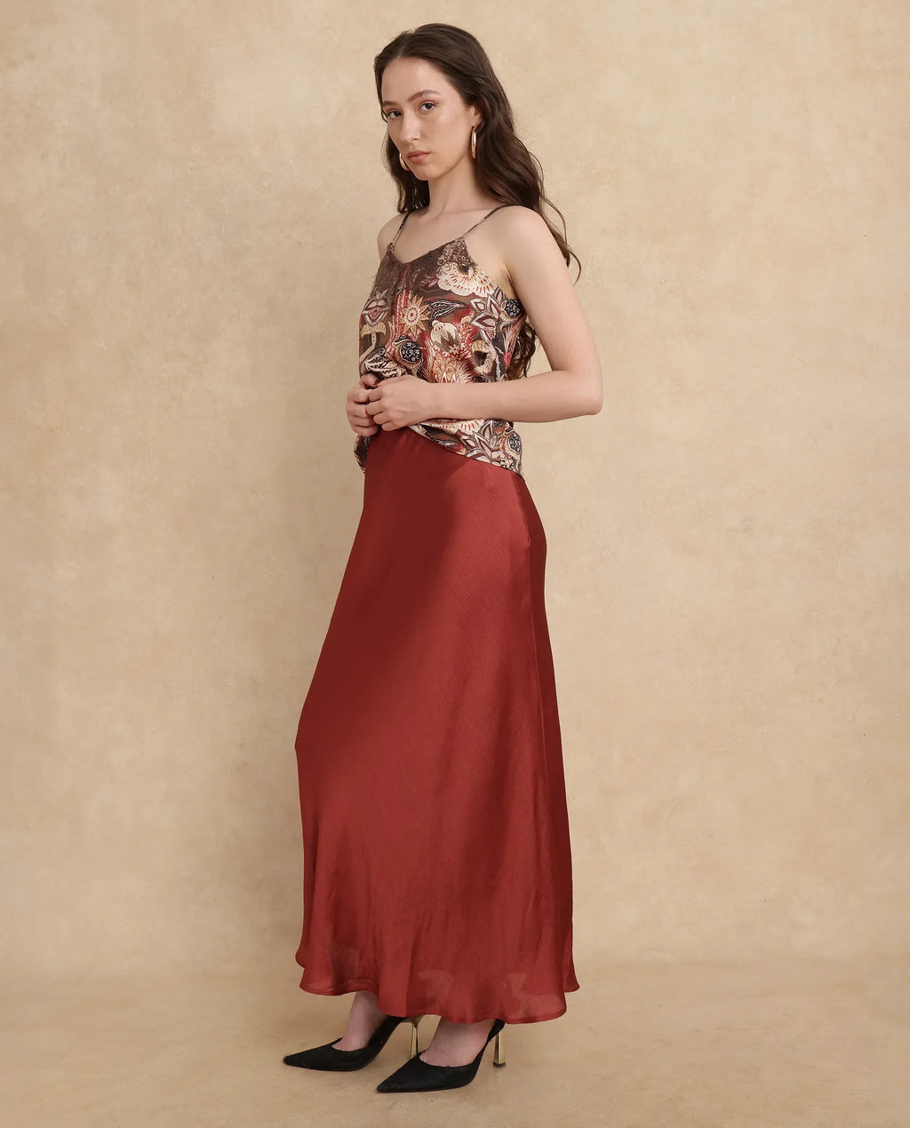 Rareism Women's Ronu B Rust Polyester Plain Maxi Fitted Skirt
