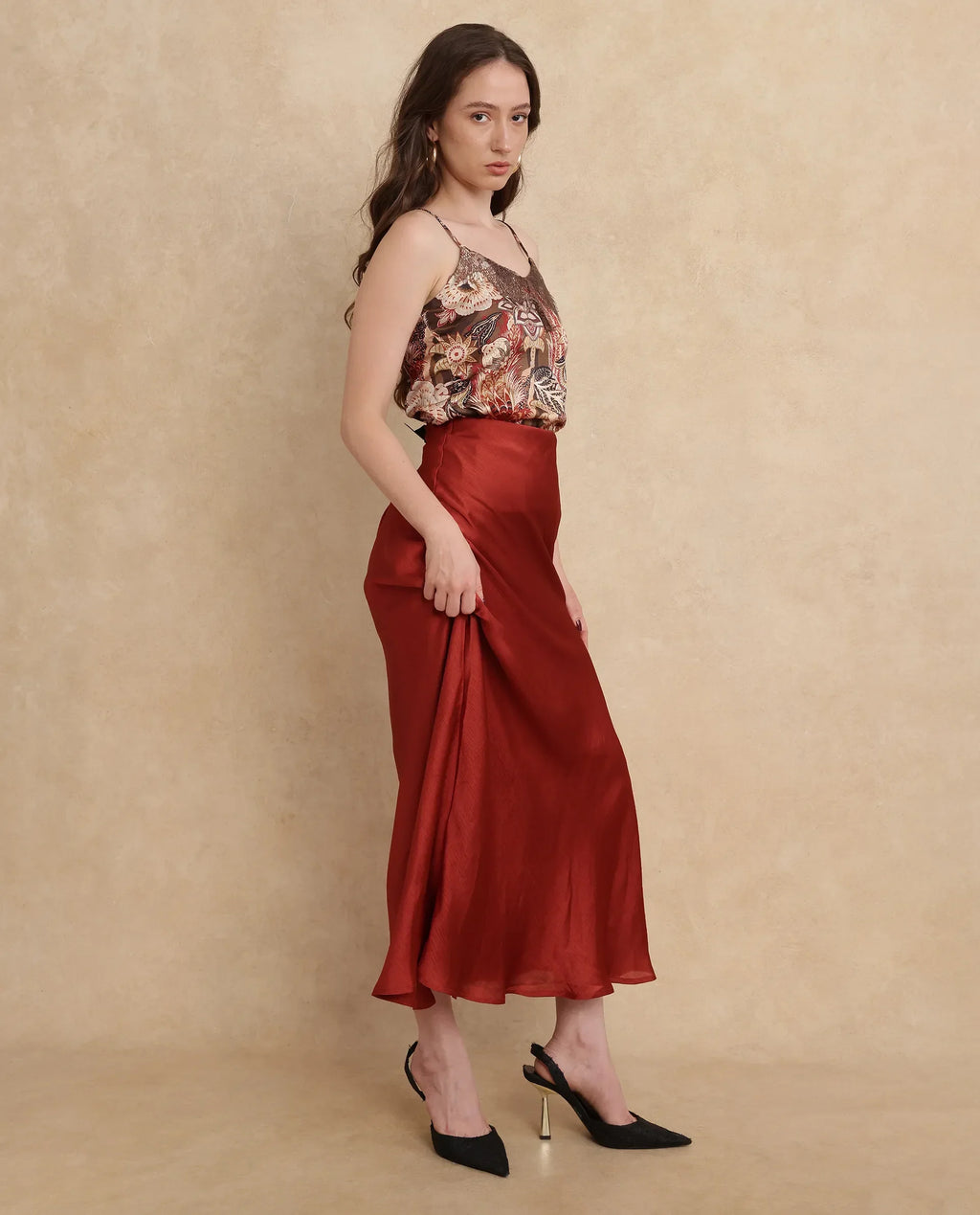 Rareism Women's Ronu B Rust Polyester Plain Maxi Fitted Skirt