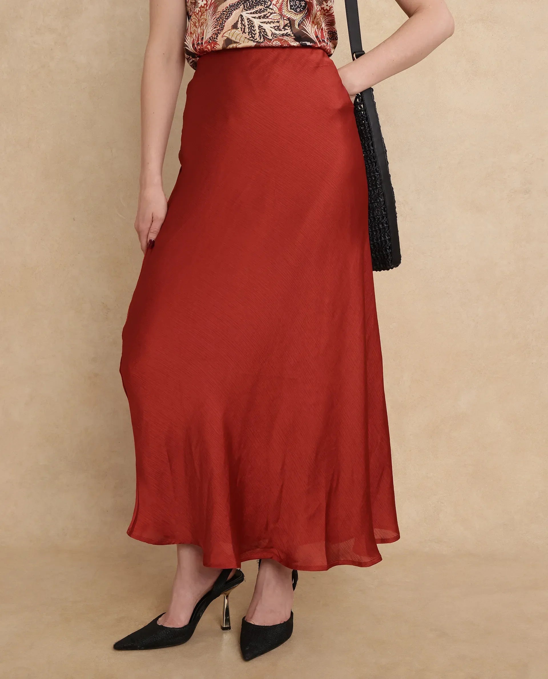 Rareism Women's Ronu B Rust Polyester Plain Maxi Fitted Skirt