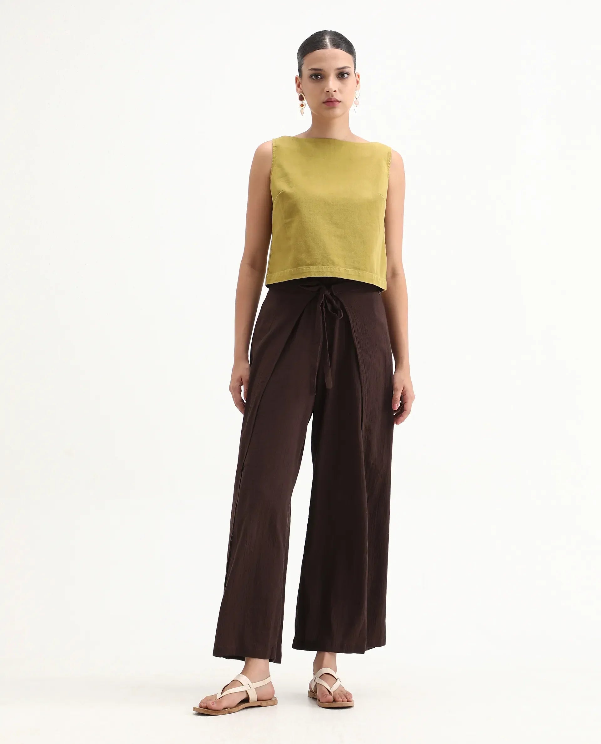 Rareism Women's Ronuz Brown Cotton Plain Ankle Length Straight Fit Trouser