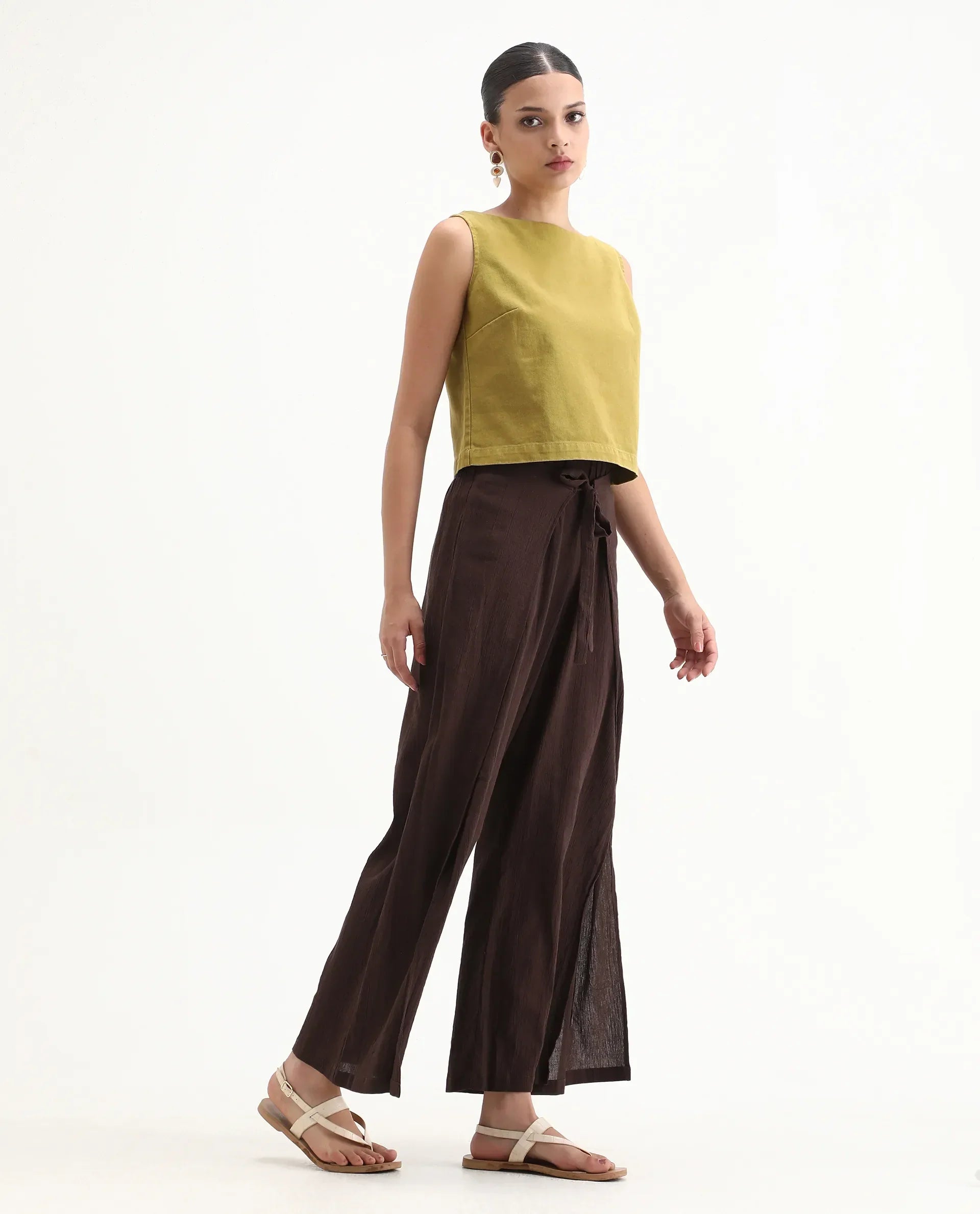Rareism Women's Ronuz Brown Cotton Plain Ankle Length Straight Fit Trouser
