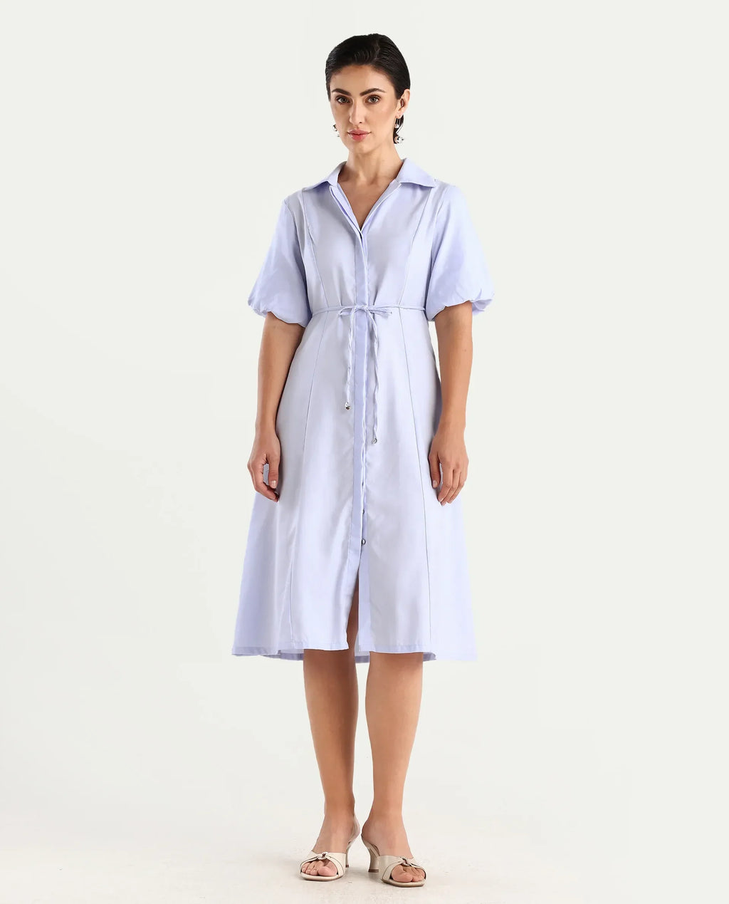 Rareism Women's Ronwer Blue Cotton Blend Spread Collar Plain Balloon Sleeve Midi Fit And Flare Dress