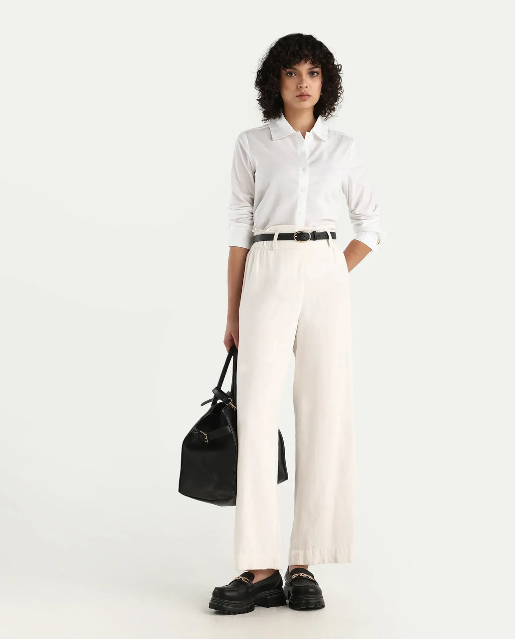 Rareism Women's Ronwio White Cotton Spread Collar Plain Cuffed Sleeve Crop Regular Fit Shirt