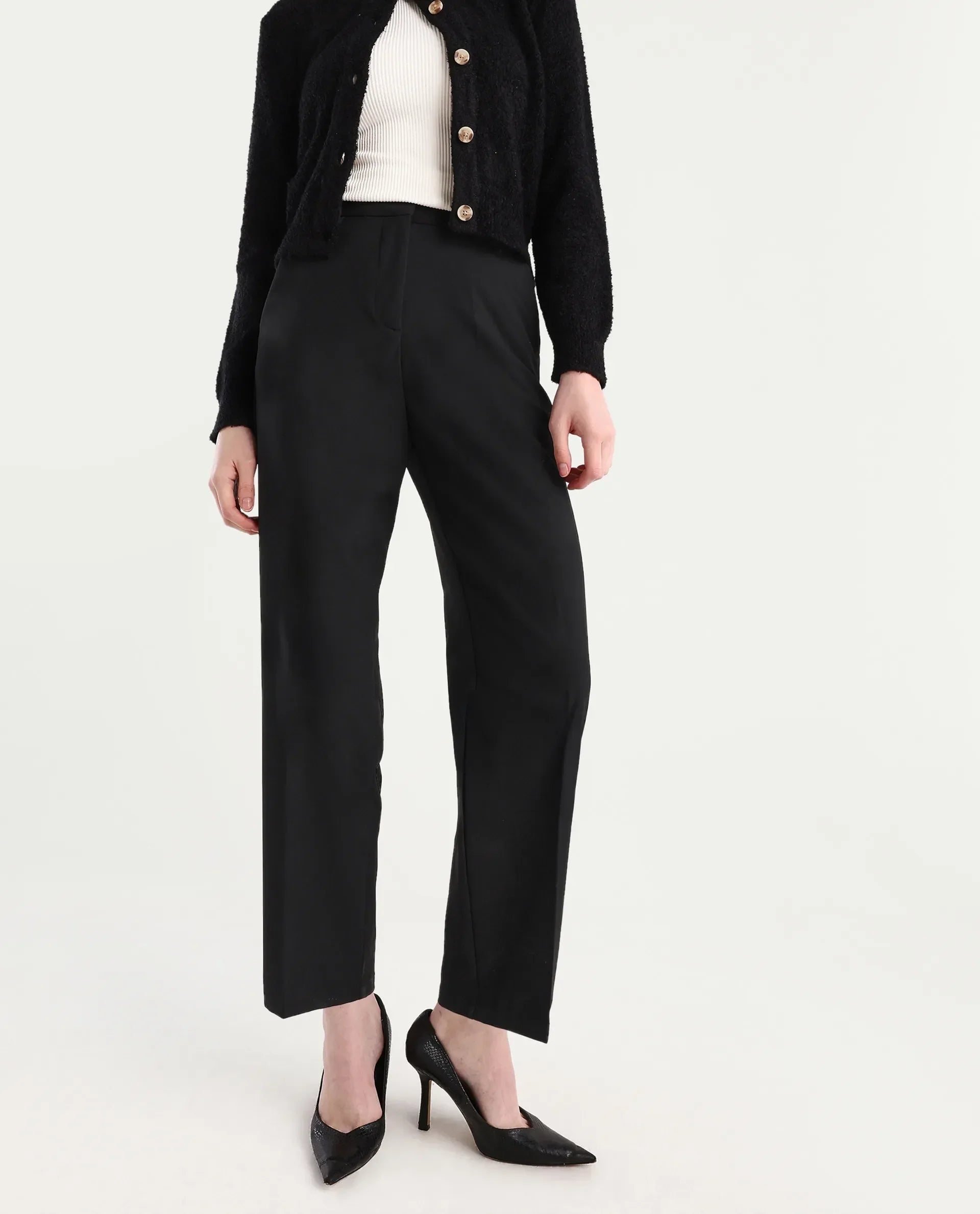 Rareism Women's Ronwip Black Polyester Blend Plain Ankle Length Straight Fit Trouser