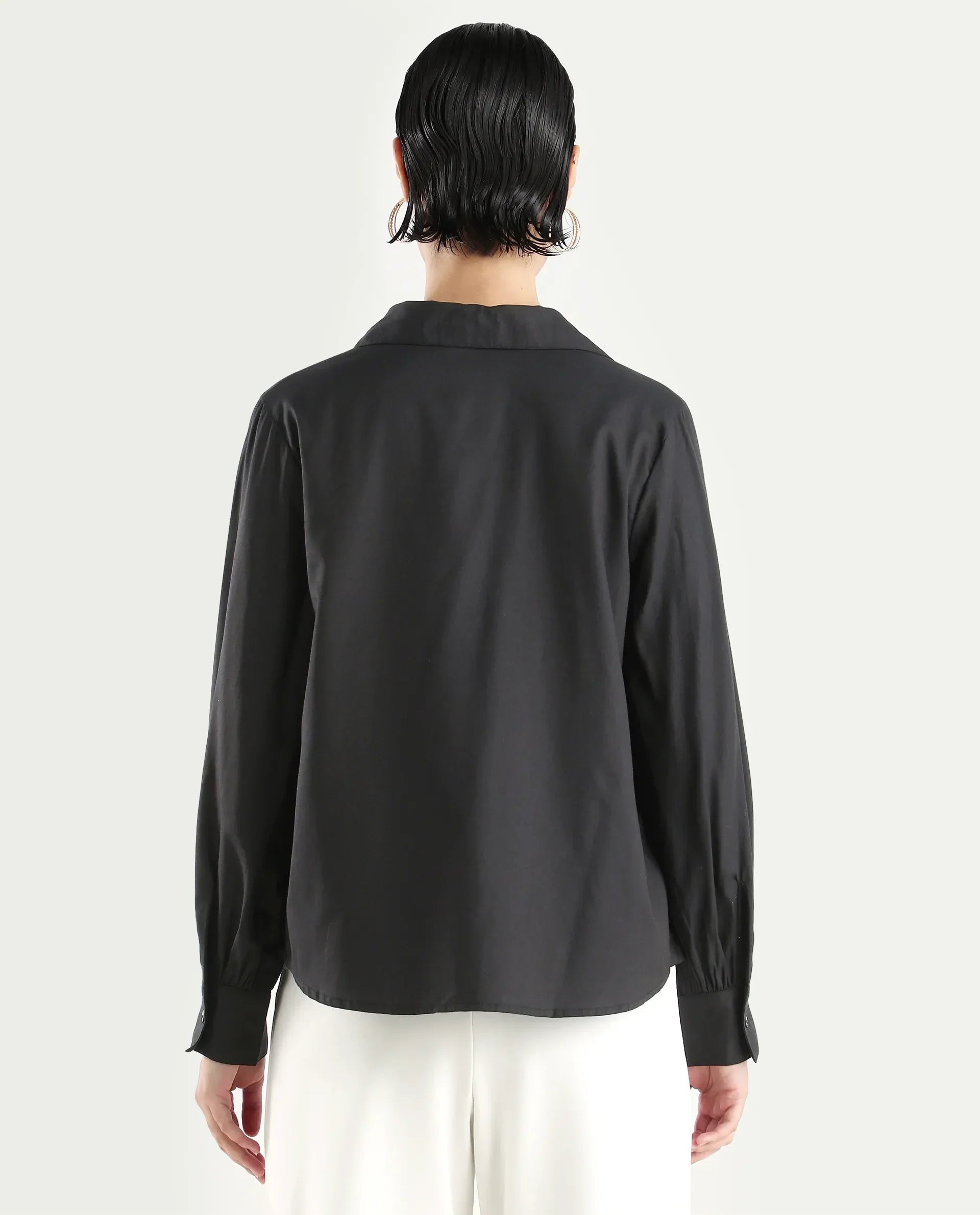 Rareism Women's Ronwopi Black Modal Spread Collar Plain Cuffed Sleeve Regular Fit Shirt