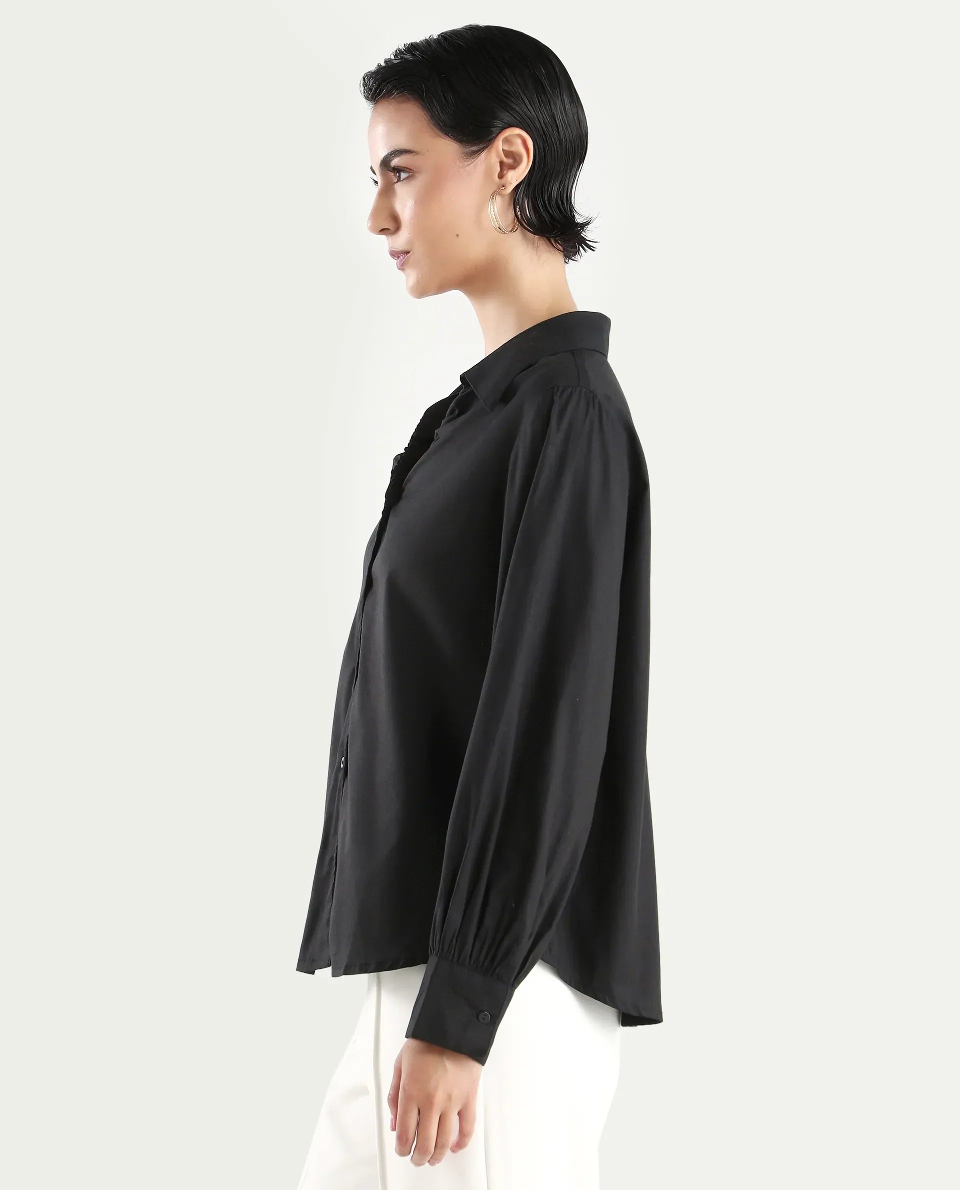 Rareism Women's Ronwopi Black Modal Spread Collar Plain Cuffed Sleeve Regular Fit Shirt