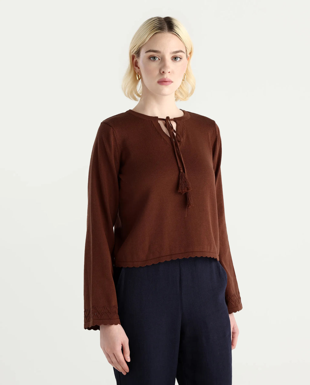 Rareism Women's Ronzmu Dark Brown Cotton Tie-Up Neck Plain Regular Fit Top