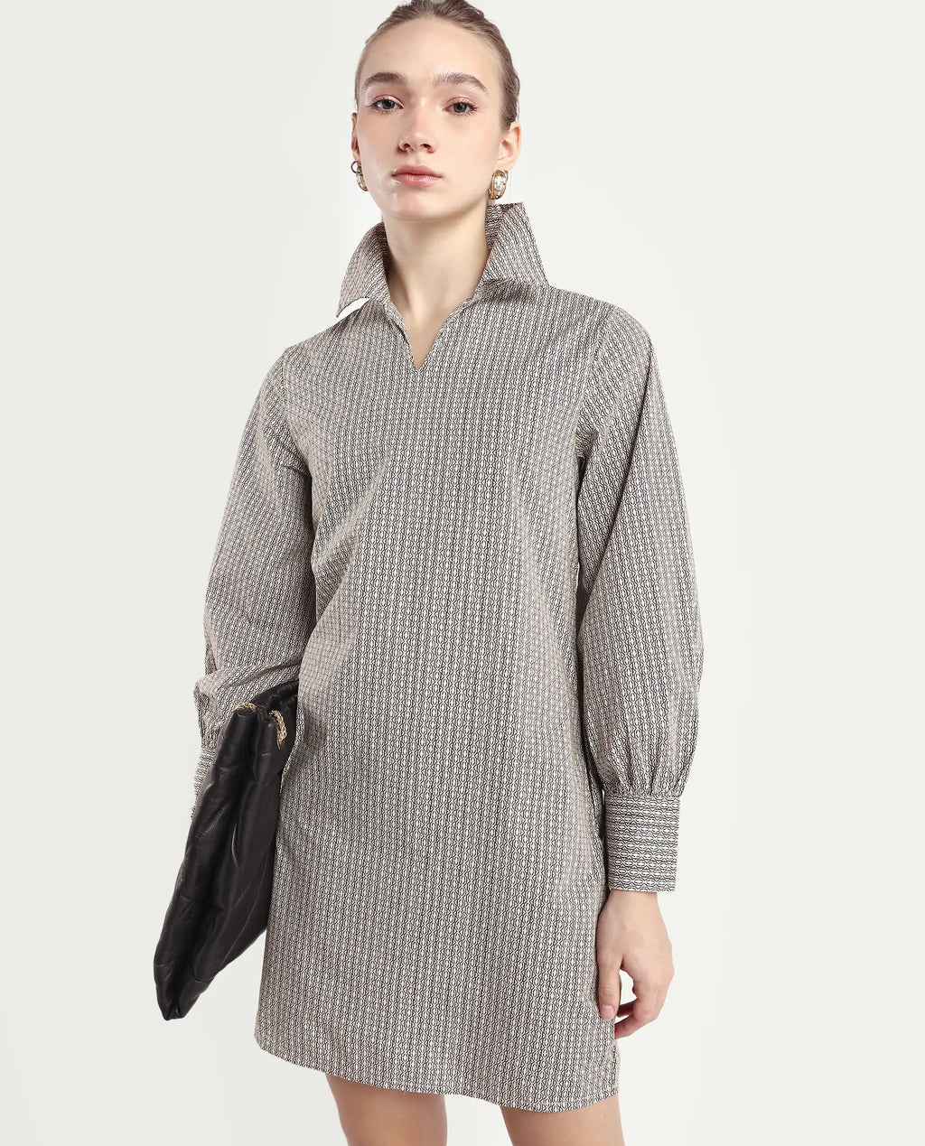 Rareism Women's Rore Beige Cotton Drop Collar Striped Cuffed Sleeve Mini Regular Fit Dress