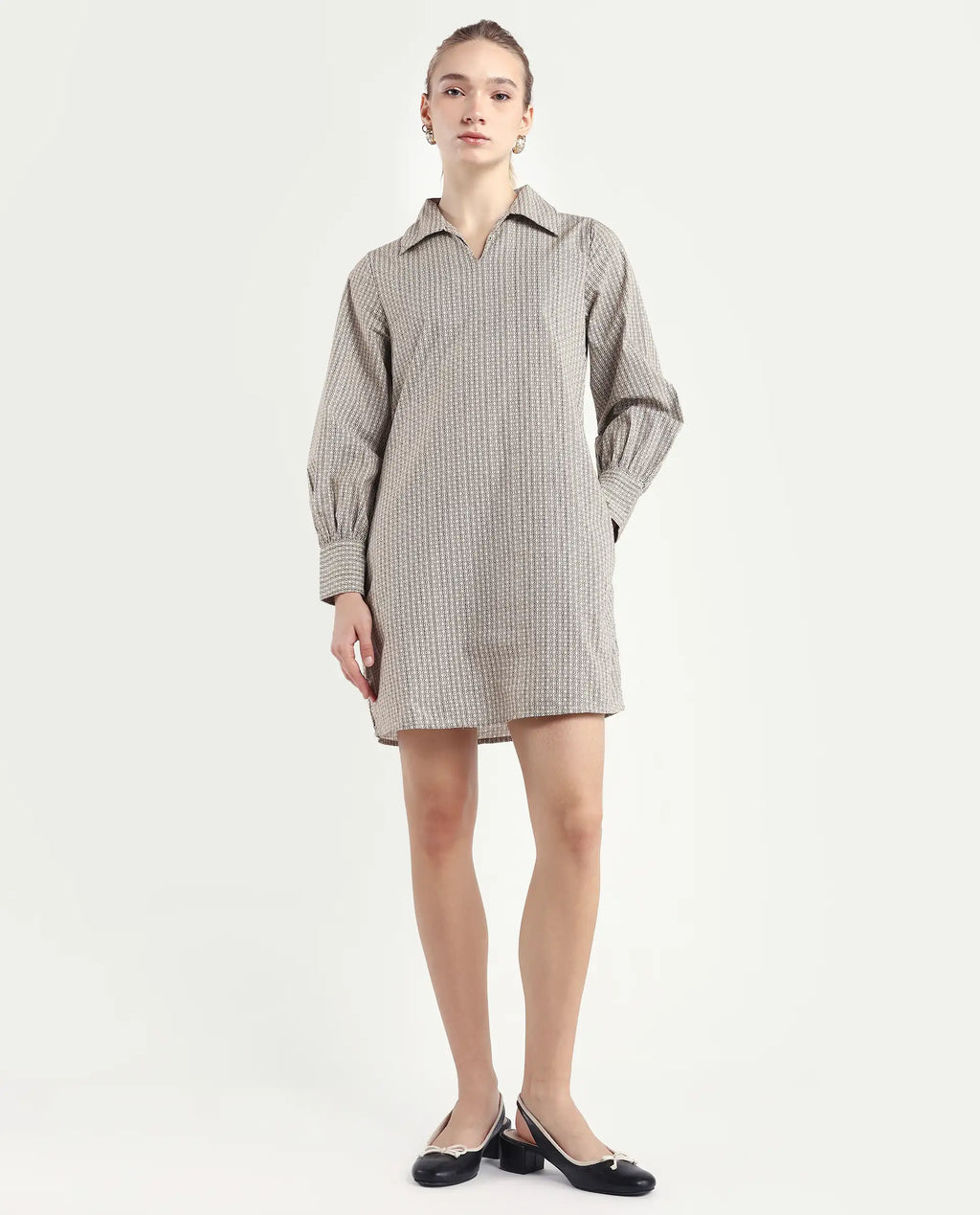 Rareism Women's Rore Beige Cotton Drop Collar Striped Cuffed Sleeve Mini Regular Fit Dress