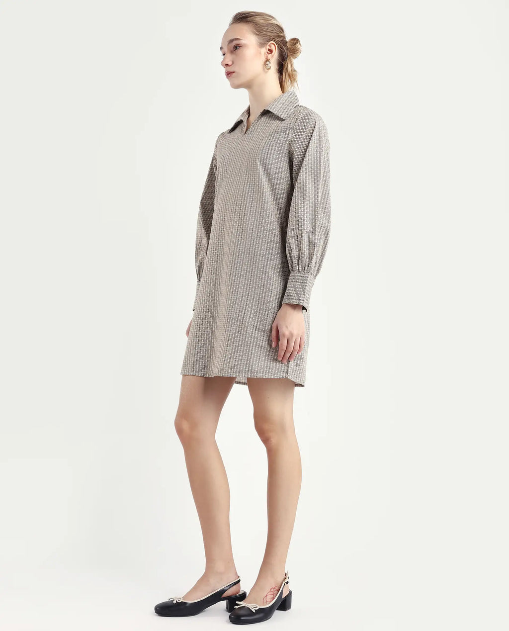 Rareism Women's Rore Beige Cotton Drop Collar Striped Cuffed Sleeve Mini Regular Fit Dress
