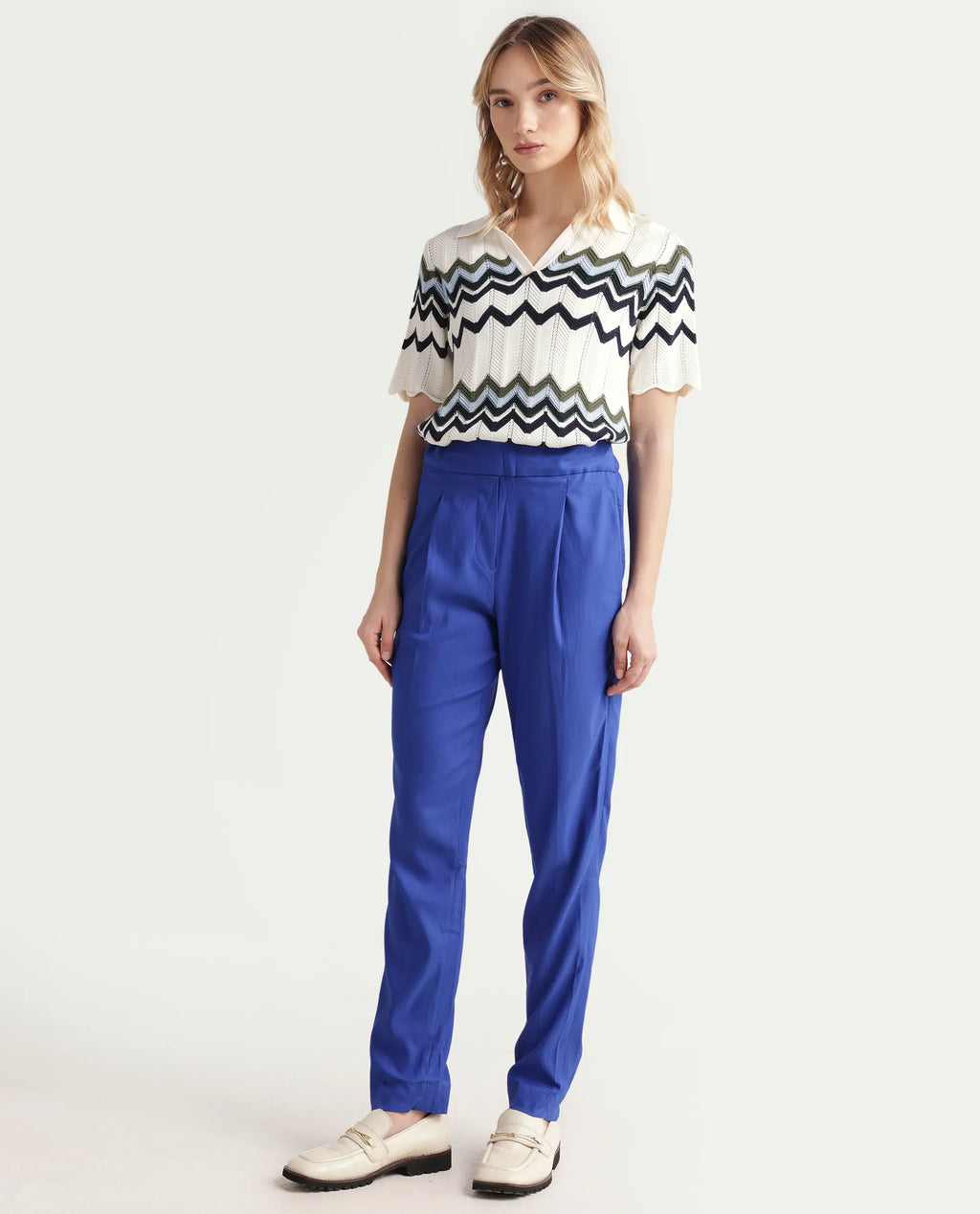 Rareism Women's Rosalia Blue Polyester Blend Plain Ankle Length Relaxed Fit Trouser