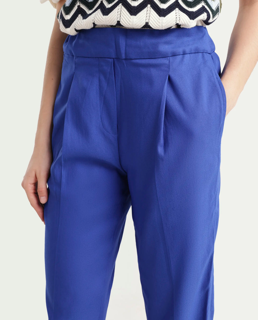 Rareism Women's Rosalia Blue Polyester Blend Plain Ankle Length Relaxed Fit Trouser