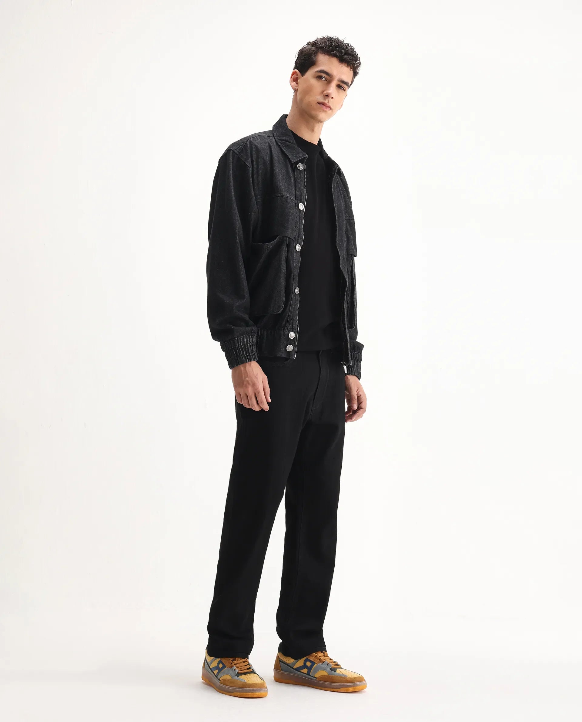 Rare Rabbit Men's Rosic Black Cotton Plain Morris Regular Fit Jeans